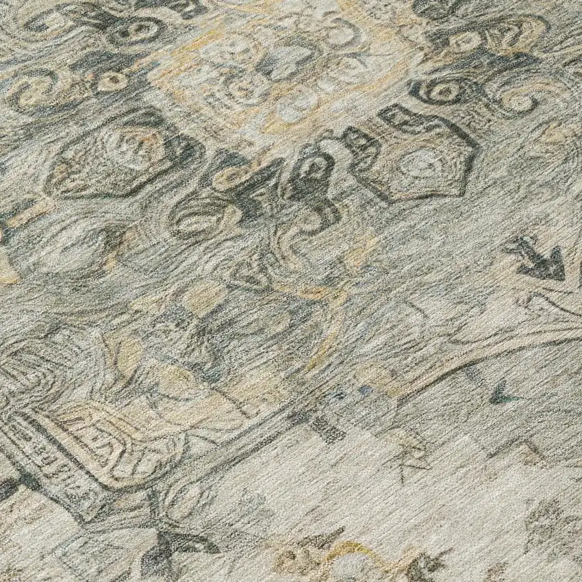 Green And Graphite Floral Medallion Washable Indoor Outdoor Area Rug Photo 6