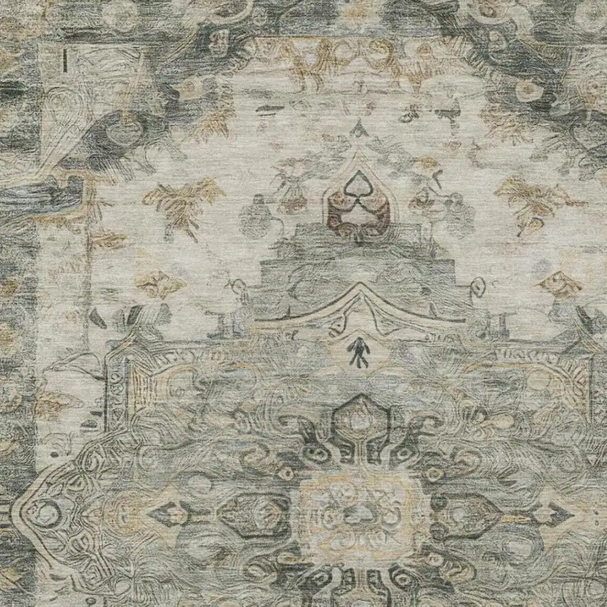 Green And Graphite Floral Medallion Washable Indoor Outdoor Area Rug Photo 5