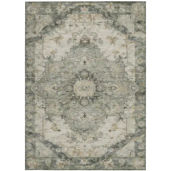 Green And Graphite Floral Medallion Washable Indoor Outdoor Area Rug Photo 1