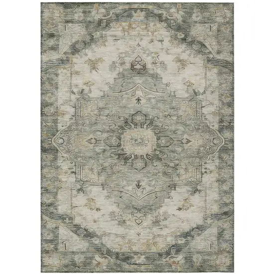 Green And Graphite Floral Medallion Washable Indoor Outdoor Area Rug Photo 3