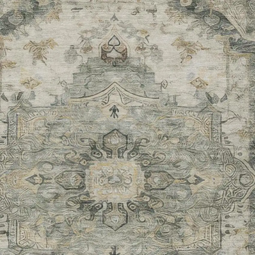 Green And Graphite Floral Medallion Washable Indoor Outdoor Area Rug Photo 4