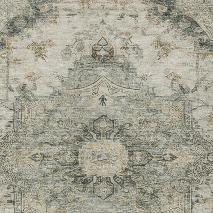 Green And Graphite Floral Medallion Washable Indoor Outdoor Area Rug Photo 7