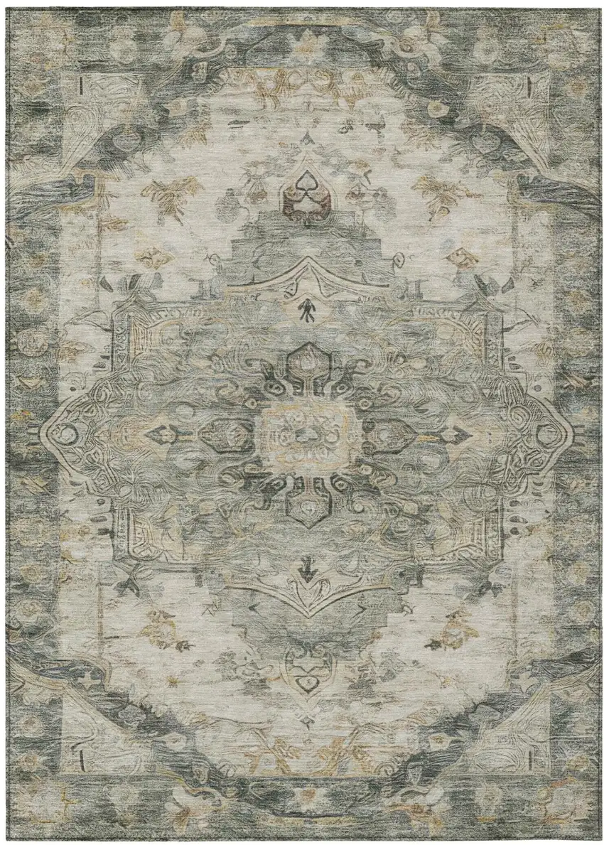 Green And Graphite Floral Medallion Washable Indoor Outdoor Area Rug Photo 3