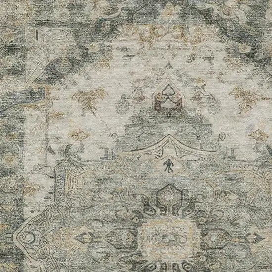 Green And Graphite Floral Medallion Washable Indoor Outdoor Area Rug Photo 8