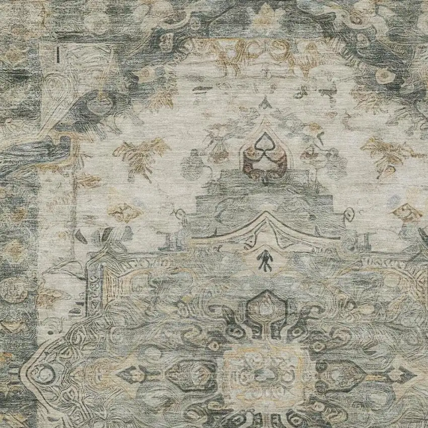 Green And Graphite Floral Medallion Washable Indoor Outdoor Area Rug Photo 8