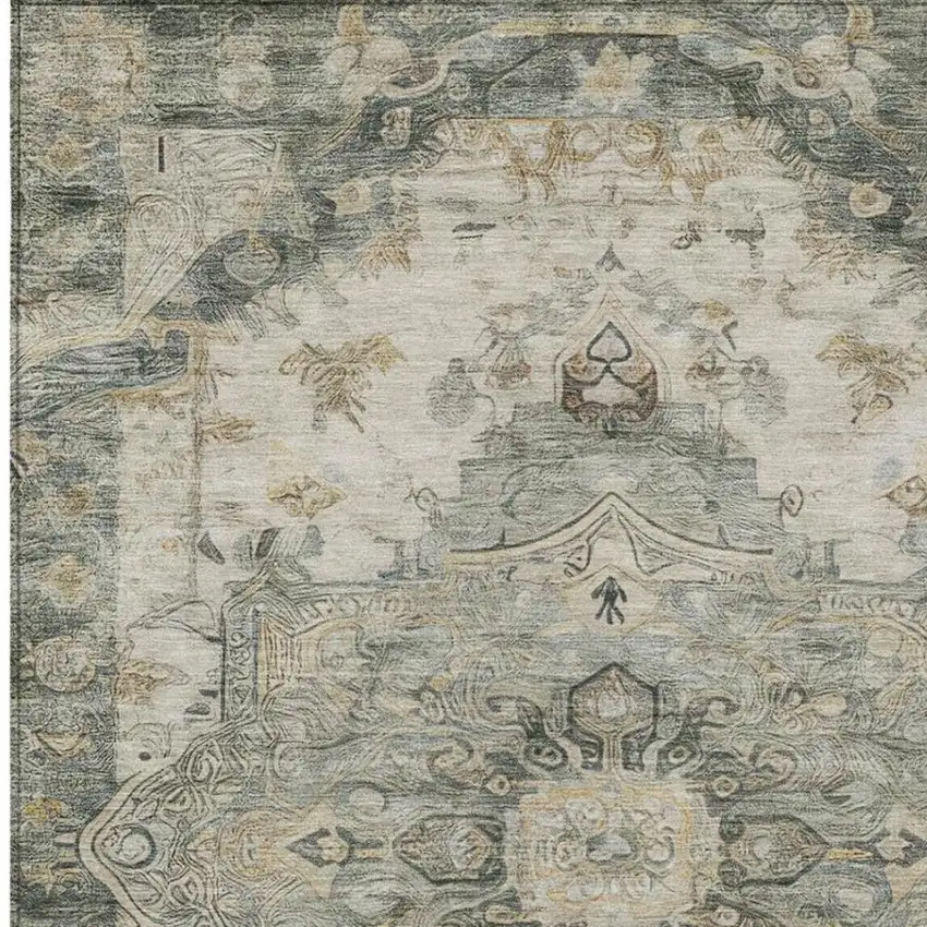 Green And Graphite Floral Medallion Washable Indoor Outdoor Area Rug Photo 7
