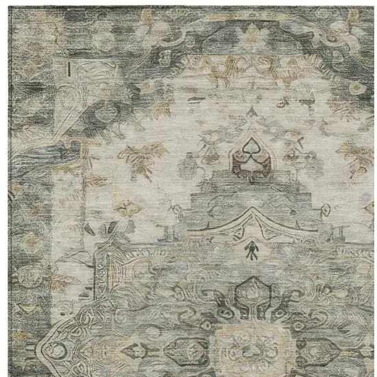 Green And Graphite Floral Medallion Washable Indoor Outdoor Area Rug Photo 1