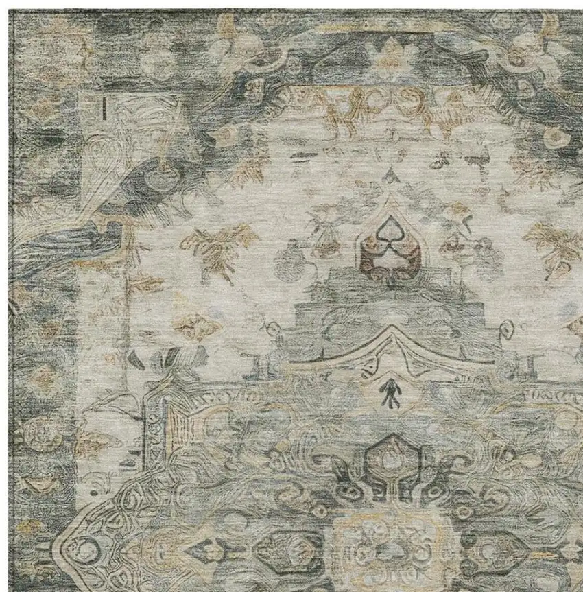 Green And Graphite Floral Medallion Washable Indoor Outdoor Area Rug Photo 1