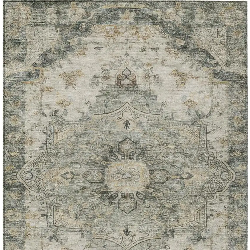 Green And Graphite Floral Medallion Washable Indoor Outdoor Area Rug Photo 9