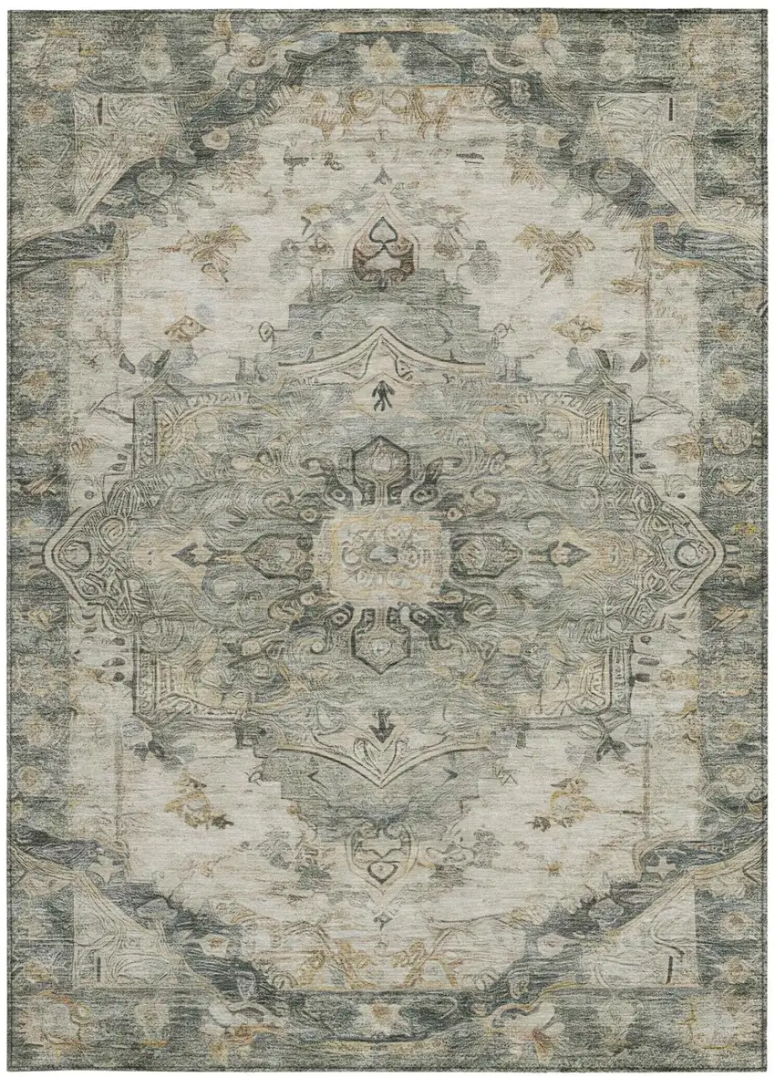 Green And Graphite Floral Medallion Washable Indoor Outdoor Area Rug Photo 2