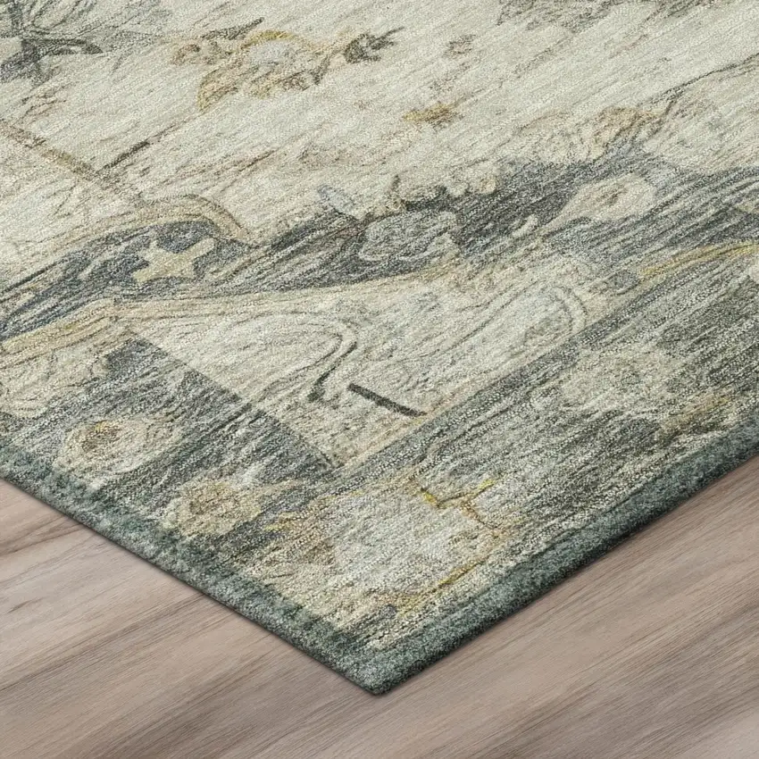 Green And Graphite Floral Medallion Washable Indoor Outdoor Area Rug Photo 8