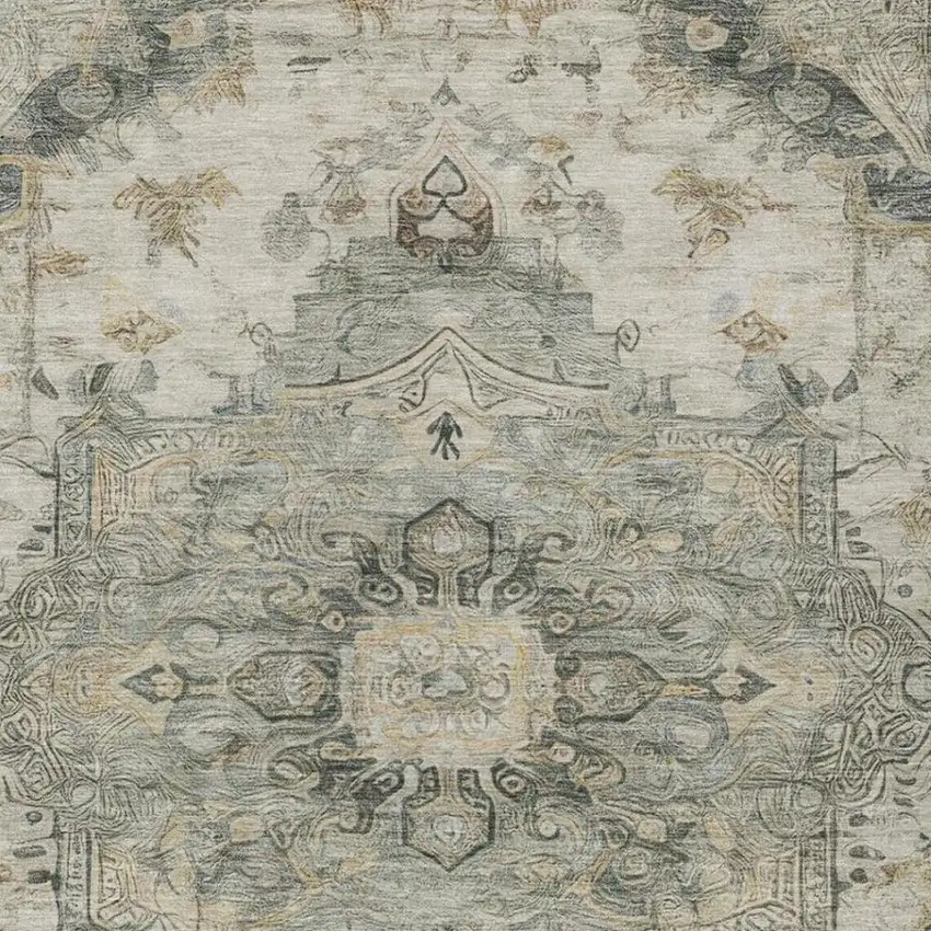 Green And Graphite Floral Medallion Washable Indoor Outdoor Area Rug Photo 9