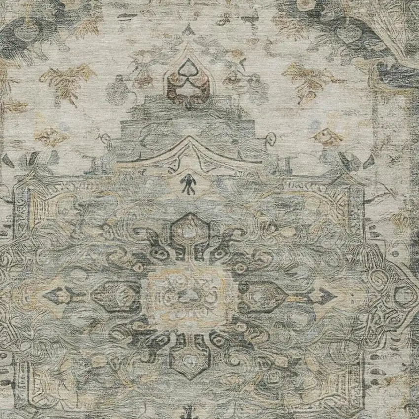 Green And Graphite Floral Medallion Washable Indoor Outdoor Area Rug Photo 4