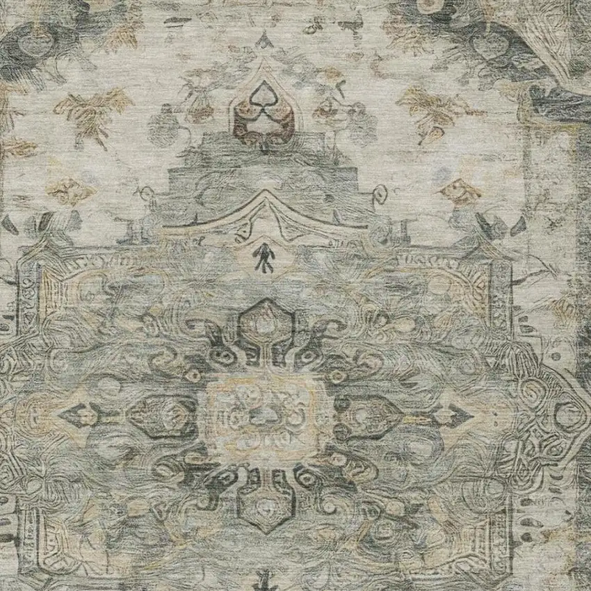 Green And Graphite Floral Medallion Washable Indoor Outdoor Area Rug Photo 2