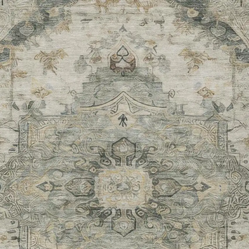 Green And Graphite Floral Medallion Washable Indoor Outdoor Area Rug Photo 7