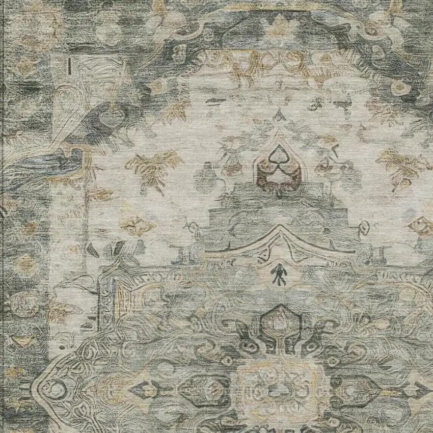 Green And Graphite Floral Medallion Washable Indoor Outdoor Area Rug Photo 5