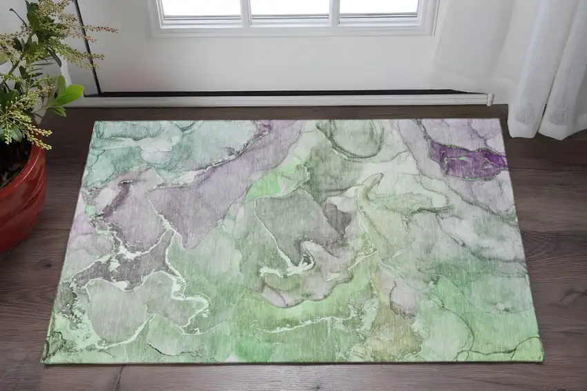 Green And Gray Abstract Washable Area Rug With UV Protection Photo 2