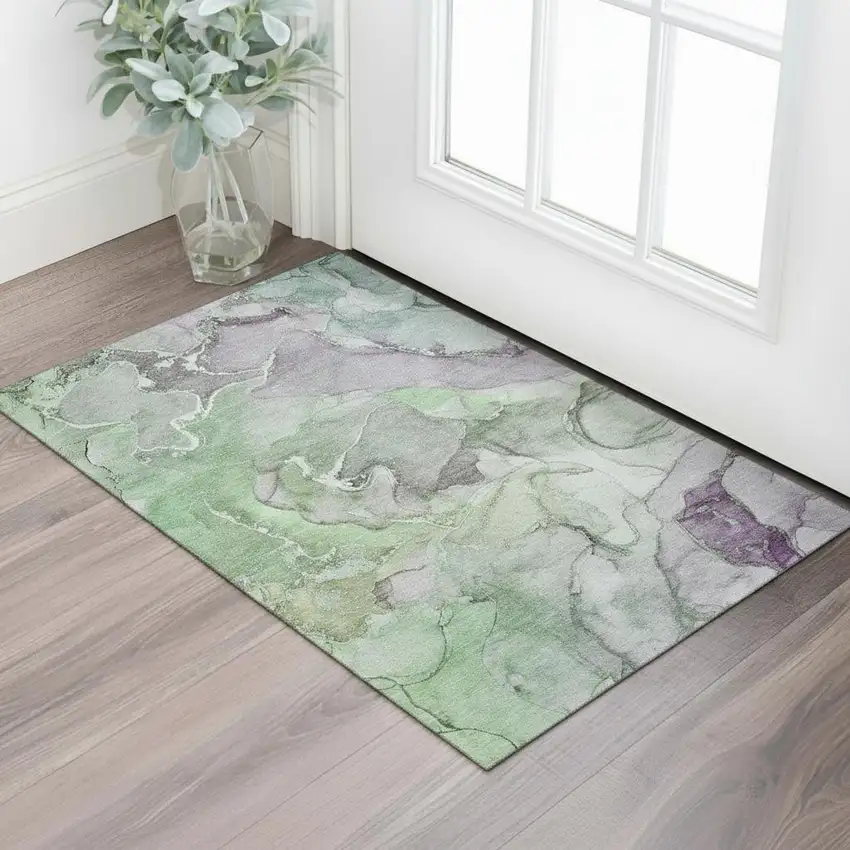 Green And Gray Abstract Washable Area Rug With UV Protection Photo 1