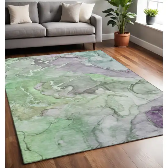 Green And Gray Abstract Washable Area Rug With UV Protection Photo 2