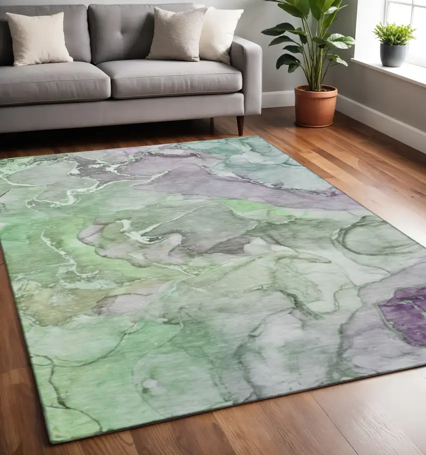 Green And Gray Abstract Washable Area Rug With UV Protection Photo 2