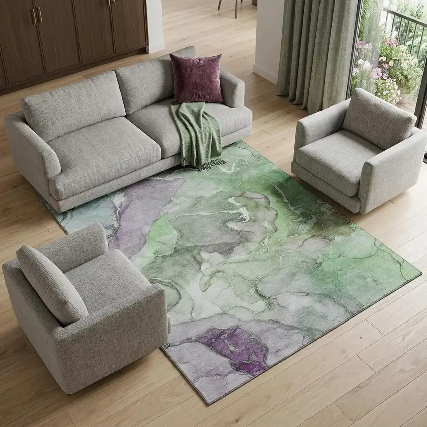 Green And Gray Abstract Washable Area Rug With UV Protection Photo 1