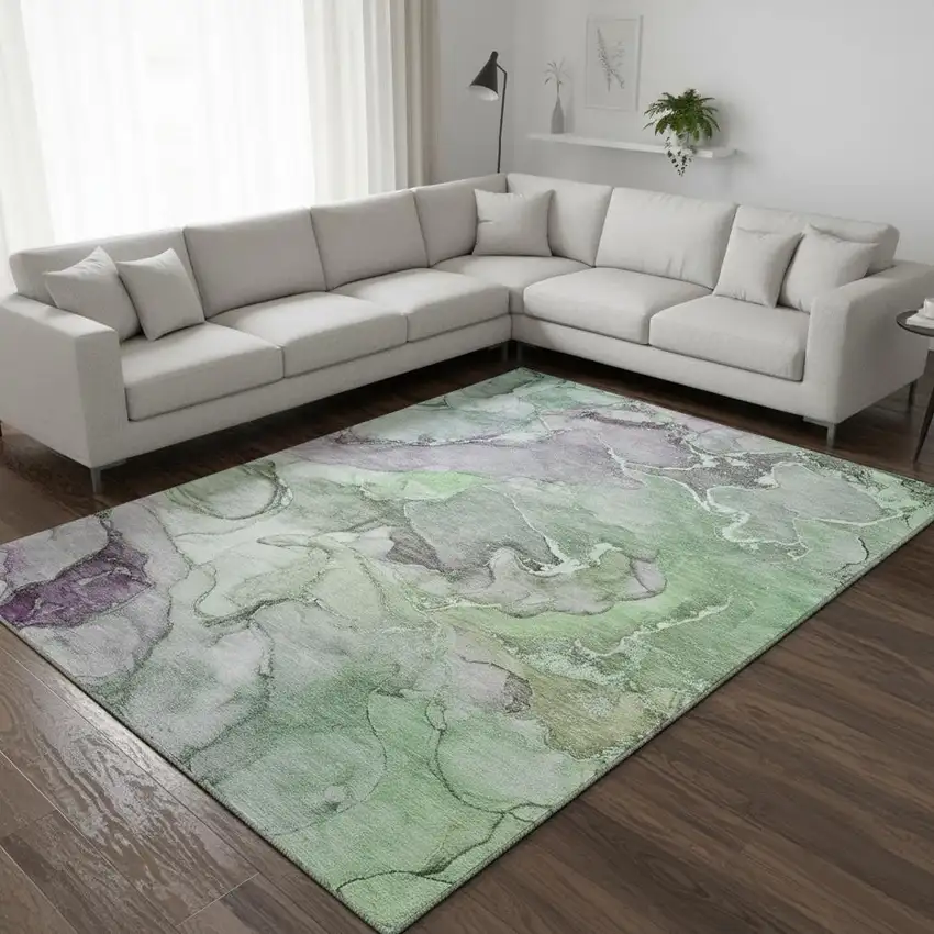 Green And Gray Abstract Washable Area Rug With UV Protection Photo 3