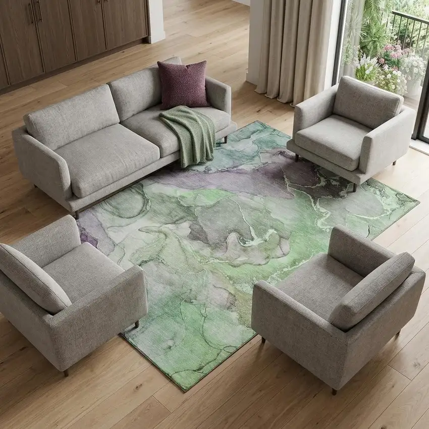 Green And Gray Abstract Washable Area Rug With UV Protection Photo 1