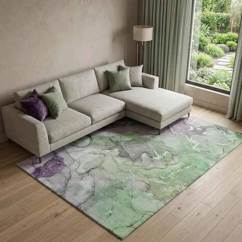 Green And Gray Abstract Washable Area Rug With UV Protection Photo 1