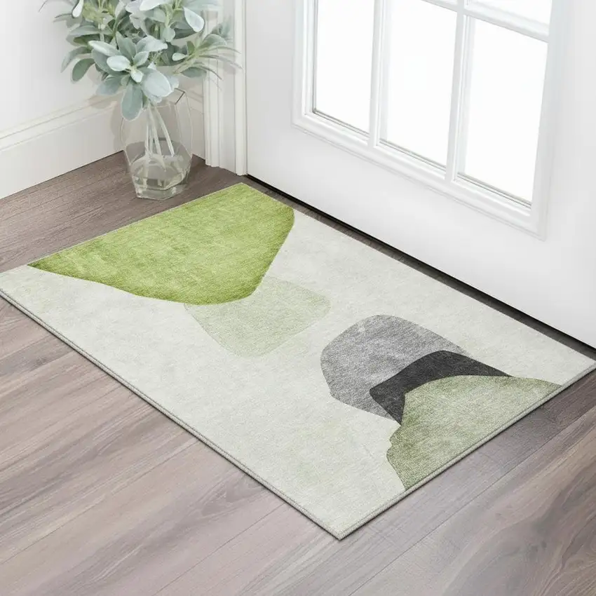 Green And Gray Abstract Washable Area Rug With UV Protection Photo 2