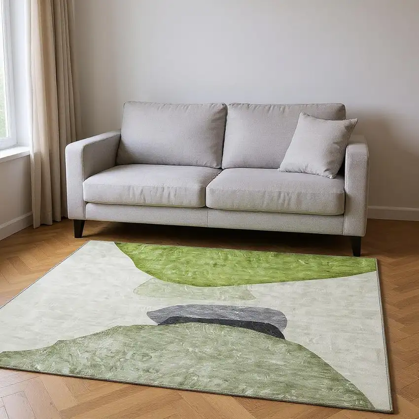 Green And Gray Abstract Washable Area Rug With UV Protection Photo 2