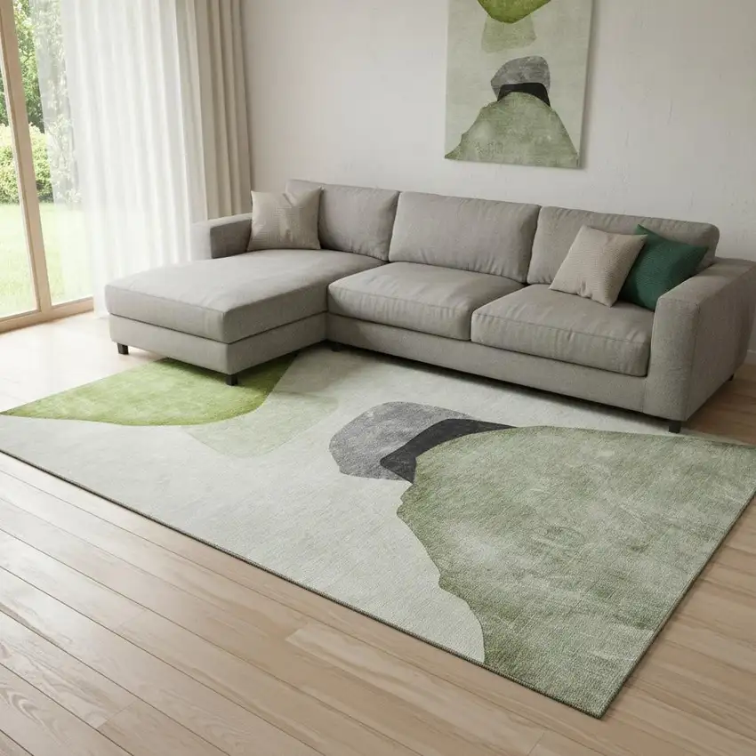 Green And Gray Abstract Washable Area Rug With UV Protection Photo 1