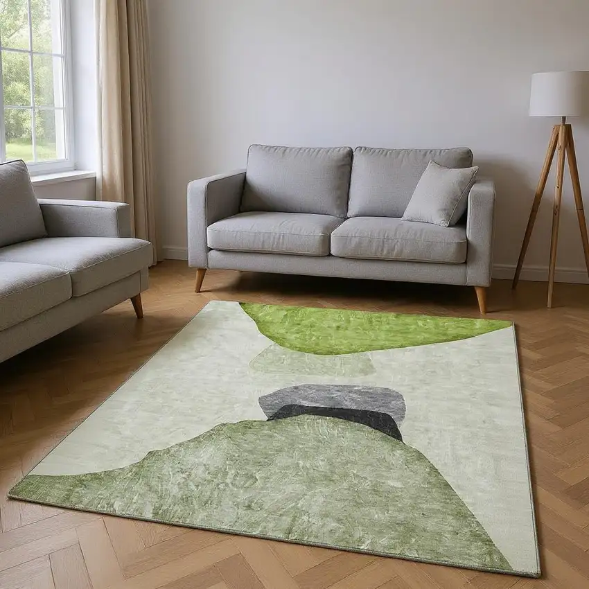 Green And Gray Abstract Washable Area Rug With UV Protection Photo 2