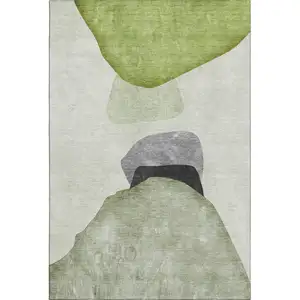 Photo of Green And Gray Abstract Washable Area Rug With UV Protection