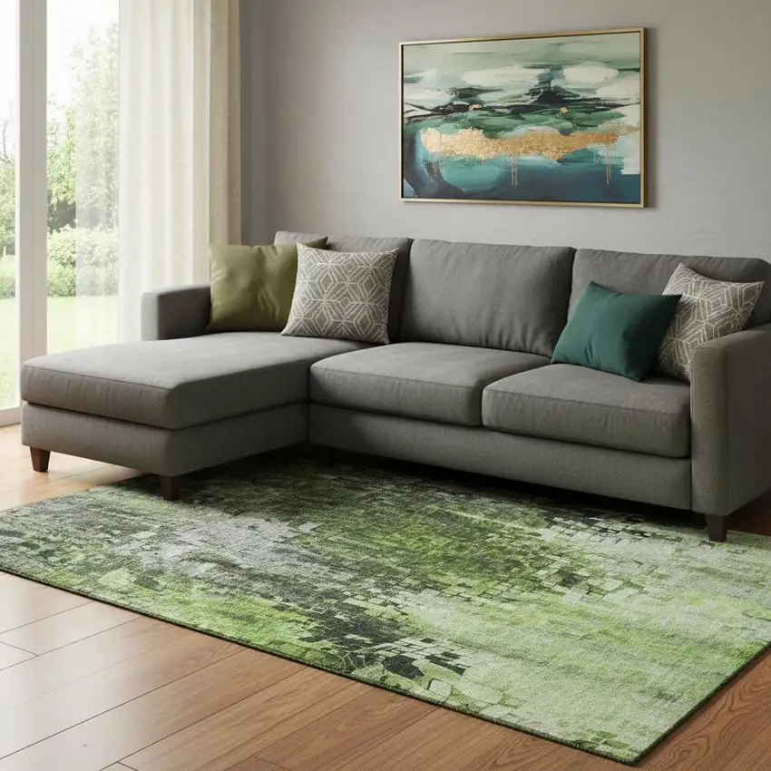 Green And Gray Abstract Washable Area Rug With UV Protection Photo 1