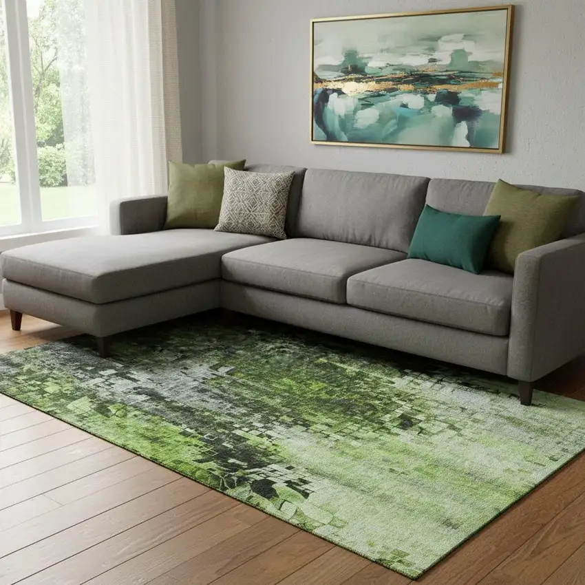Green And Gray Abstract Washable Area Rug With UV Protection Photo 1