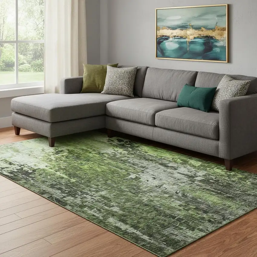 Green And Gray Abstract Washable Area Rug With UV Protection Photo 1