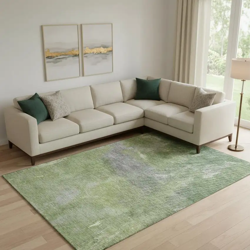 Green And Gray Abstract Washable Area Rug With UV Protection Photo 2