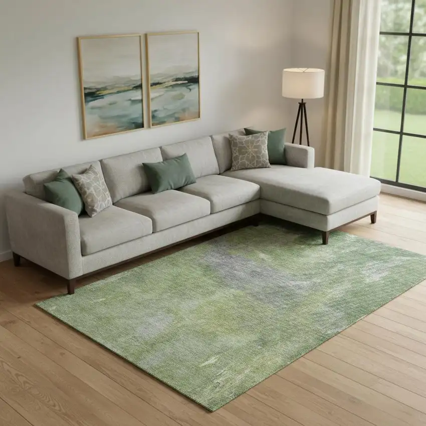 Green And Gray Abstract Washable Area Rug With UV Protection Photo 2