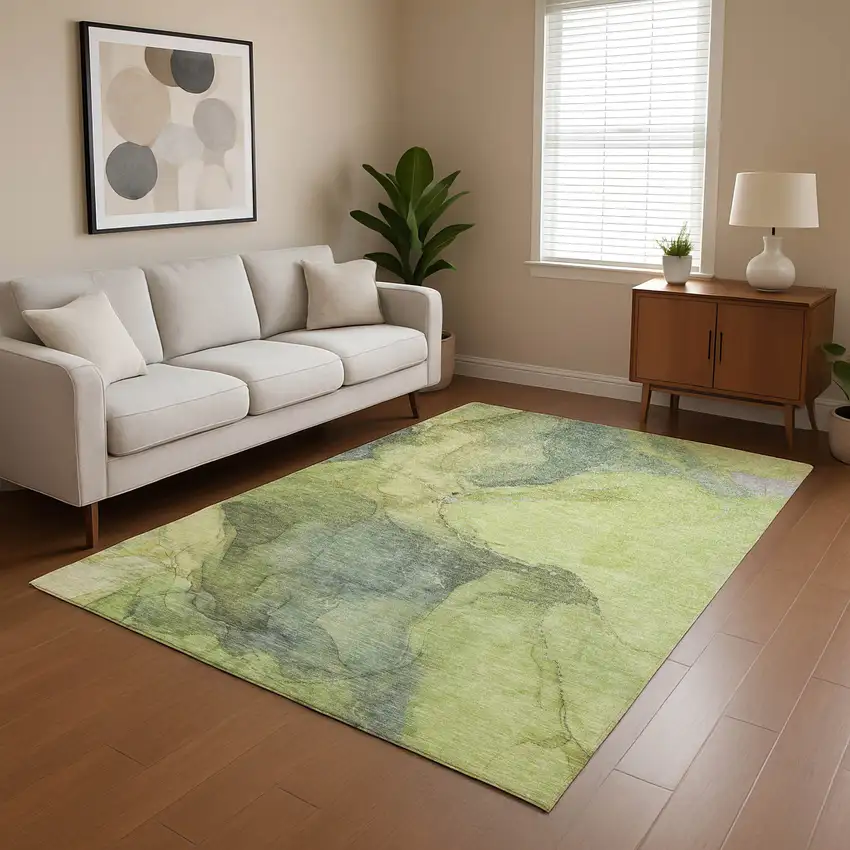 Green And Gray Abstract Washable Area Rug With UV Protection Photo 4