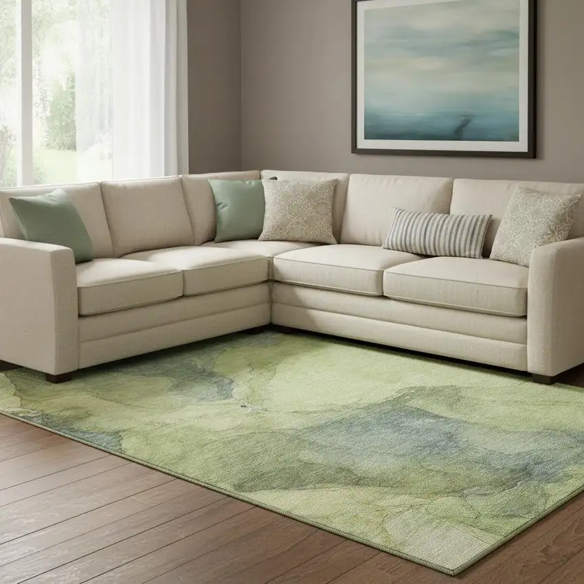 Green And Gray Abstract Washable Area Rug With UV Protection Photo 2