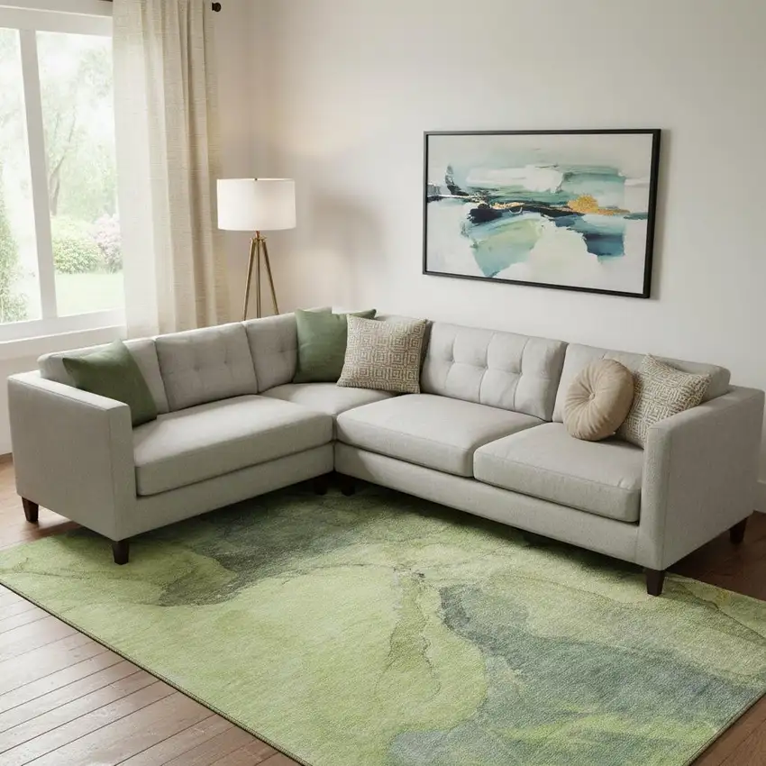 Green And Gray Abstract Washable Area Rug With UV Protection Photo 2