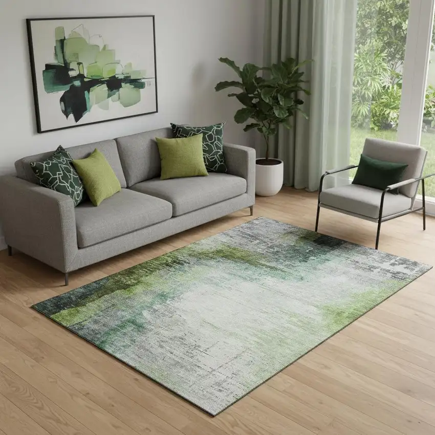 Green And Gray Abstract Washable Area Rug With UV Protection Photo 2