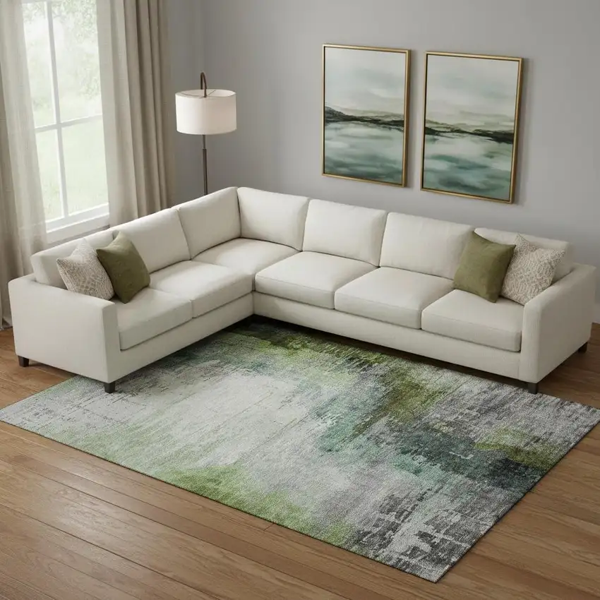 Green And Gray Abstract Washable Area Rug With UV Protection Photo 2