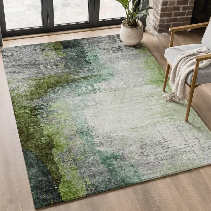 Green And Gray Abstract Washable Area Rug With UV Protection Photo 5
