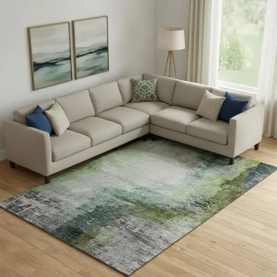 Green And Gray Abstract Washable Area Rug With UV Protection Photo 2