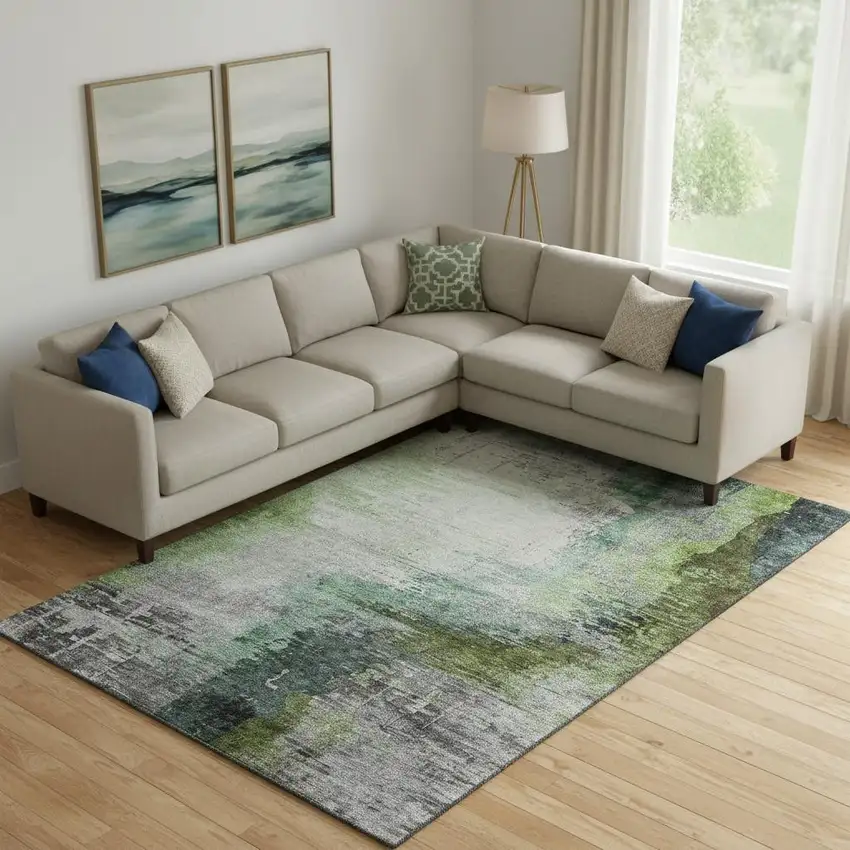 Green And Gray Abstract Washable Area Rug With UV Protection Photo 2