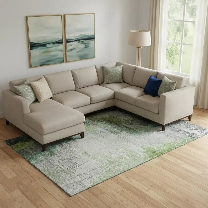 Green And Gray Abstract Washable Area Rug With UV Protection Photo 2