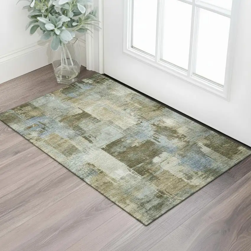 Green And Gray Abstract Washable Area Rug With UV Protection Photo 2