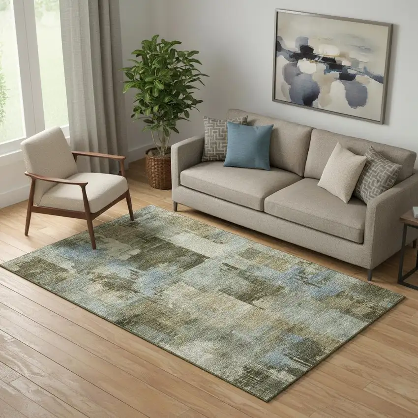 Green And Gray Abstract Washable Area Rug With UV Protection Photo 2