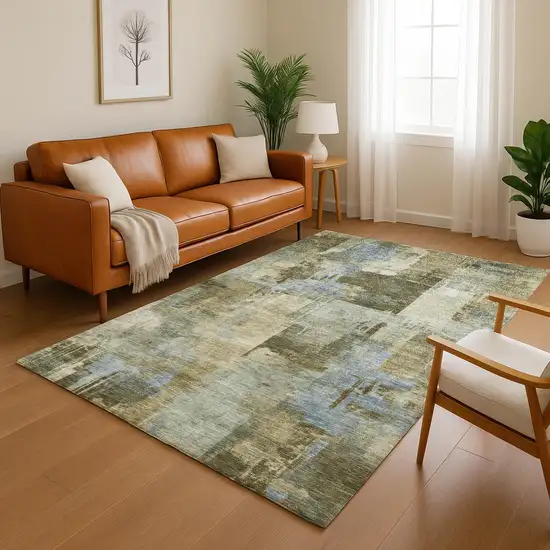 Green And Gray Abstract Washable Area Rug With UV Protection Photo 5